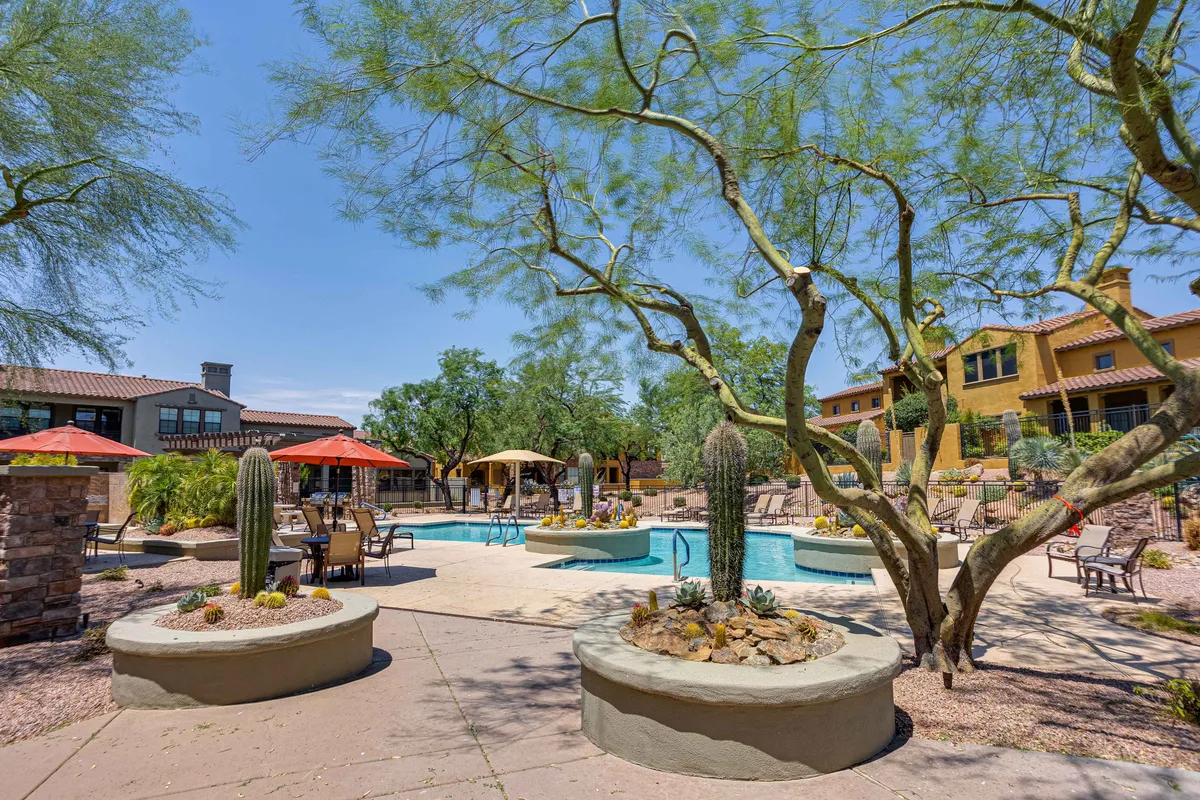 A spacious swimming pool area surrounded by desert landscaping and cacti, with plenty of outdoor seating beneath umbrella shades. The pool glows with calming sunset hues, inviting guests to relax, swim, or socialize in a resort-like atmosphere.